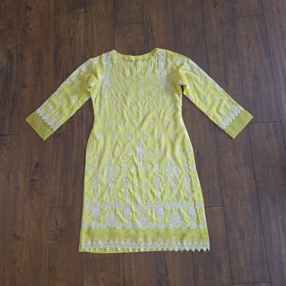 Embroidered Lime Yellow Top Shirt Long Kurti Cotton Silk Organza Size S/M - Picture 4 of 11